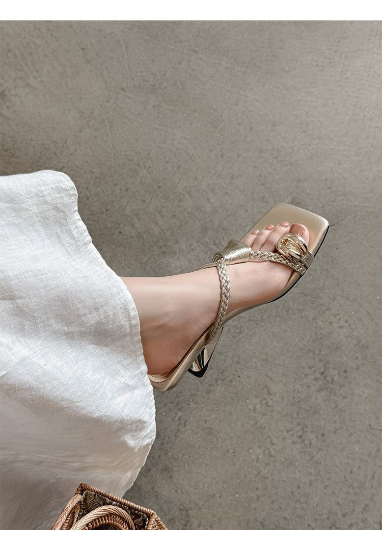 Karin Luna Braided Style ~Cross Strap Square Toe Irregular Heel Slippers
