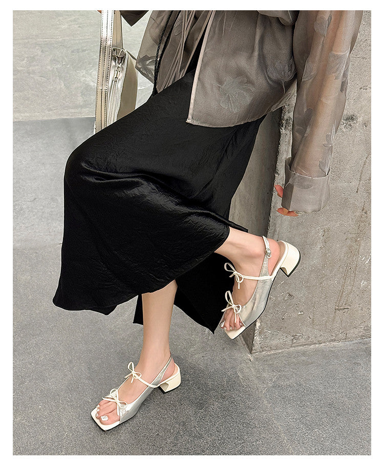 Karin Luna In Stock Spot Goods Square Toe Double Bow Thick Heel Sandals