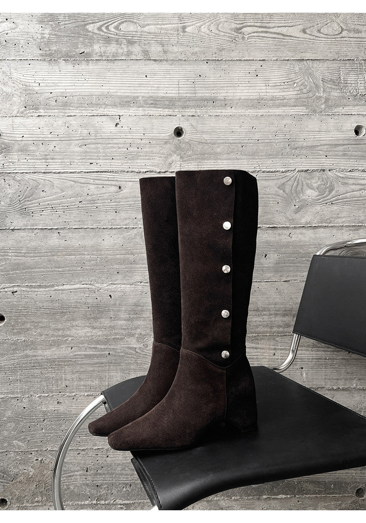 Karin Luna Bestseller Hot-Selling Hidden Buckle Lazy Style Square-Toe Height-Increasing Suede Western Boots