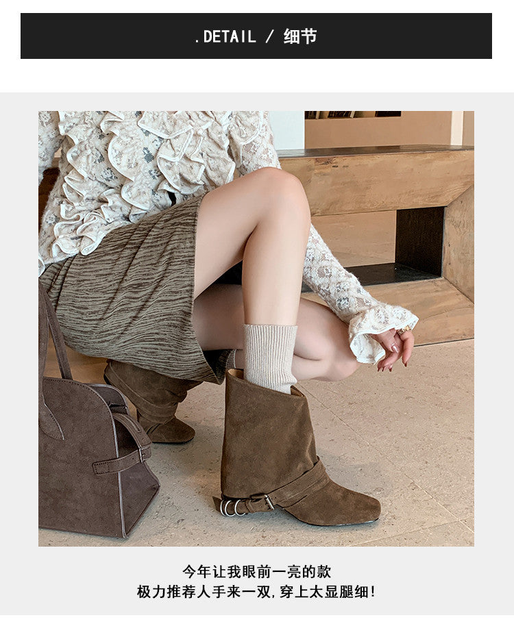Karin Luna Data Hot Item Square Toe Hidden Wedge Belt Buckle Suede Ankle Boots