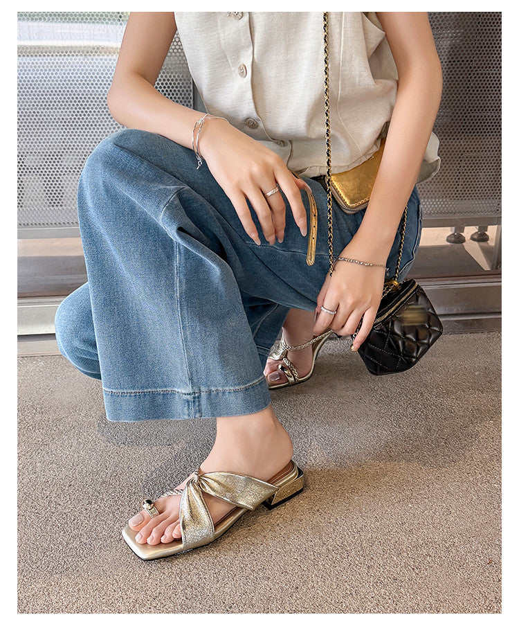 Karin Luna  Square Toe Braided Cross Thick Heel Flat Slippers