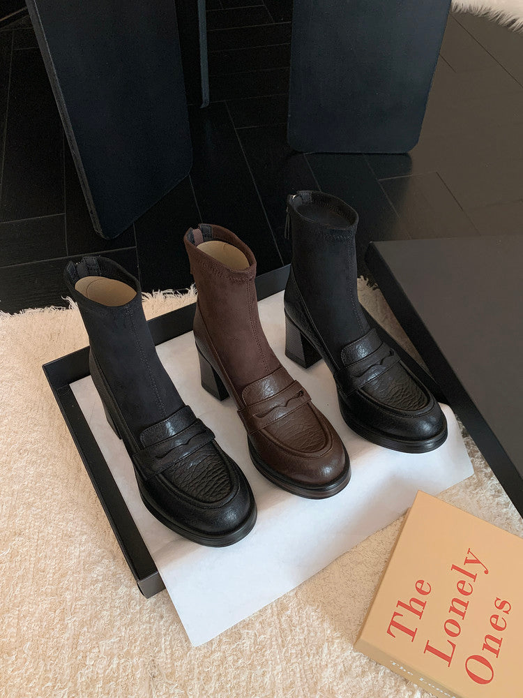 Karin Luna Hot-Selling Element Round Toe Elephant Pattern Elastic Thick Heel Short Boots