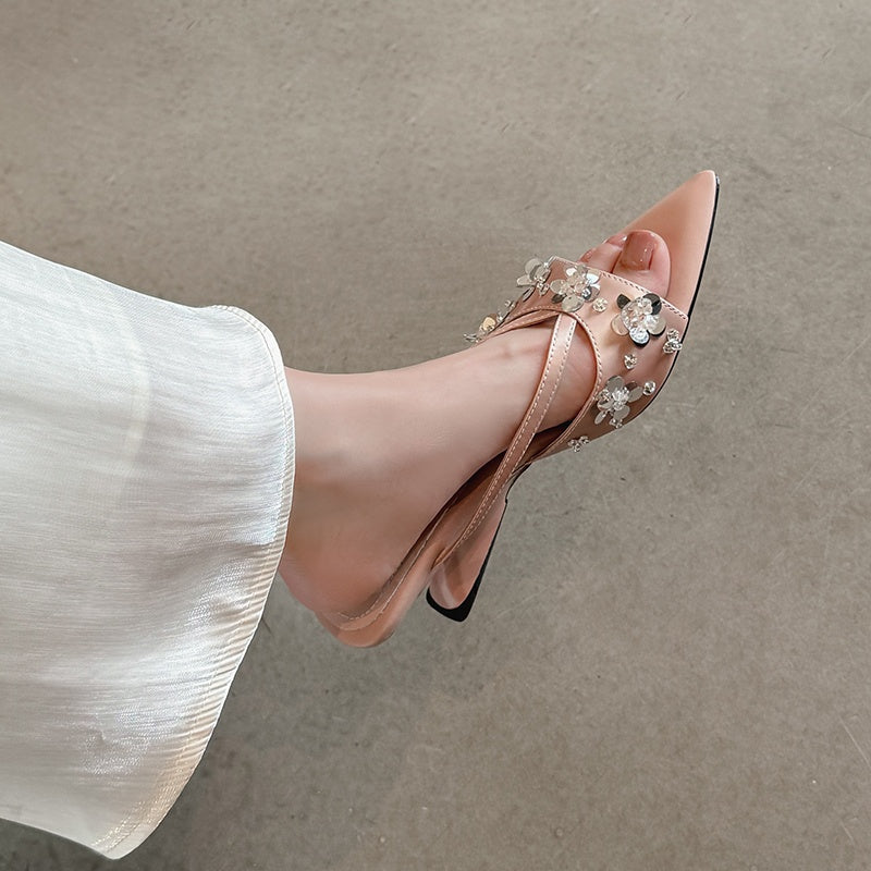 Karin Luna Bestseller Sequin Elements Elegant Pointed Toe Irregular Heel Slippers