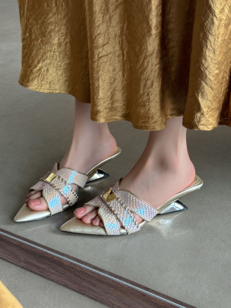 Karin Luna Fish Skin Series~Minimalist Pointed Toe Hot-Selling Unique Heel Slippers