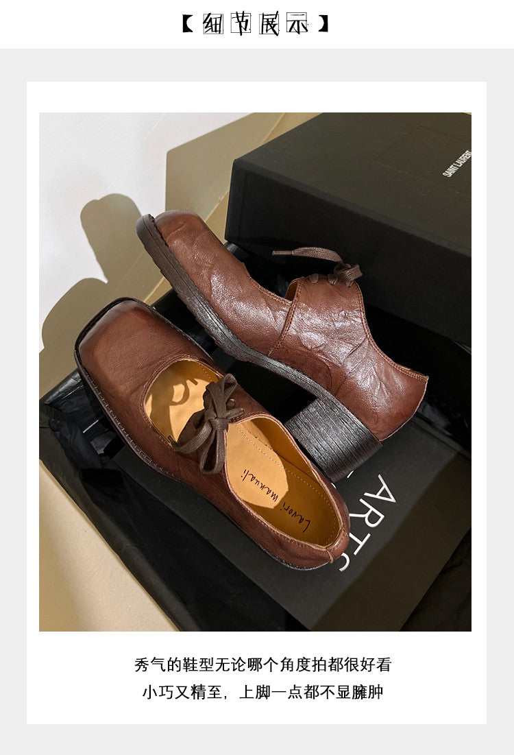 Karin Luna In Stock Spot Goods   Full leather inside and out Vegetable Tanned Hand-Grabbed Sheepskin Square-Toed Chunky Heel Single Shoes