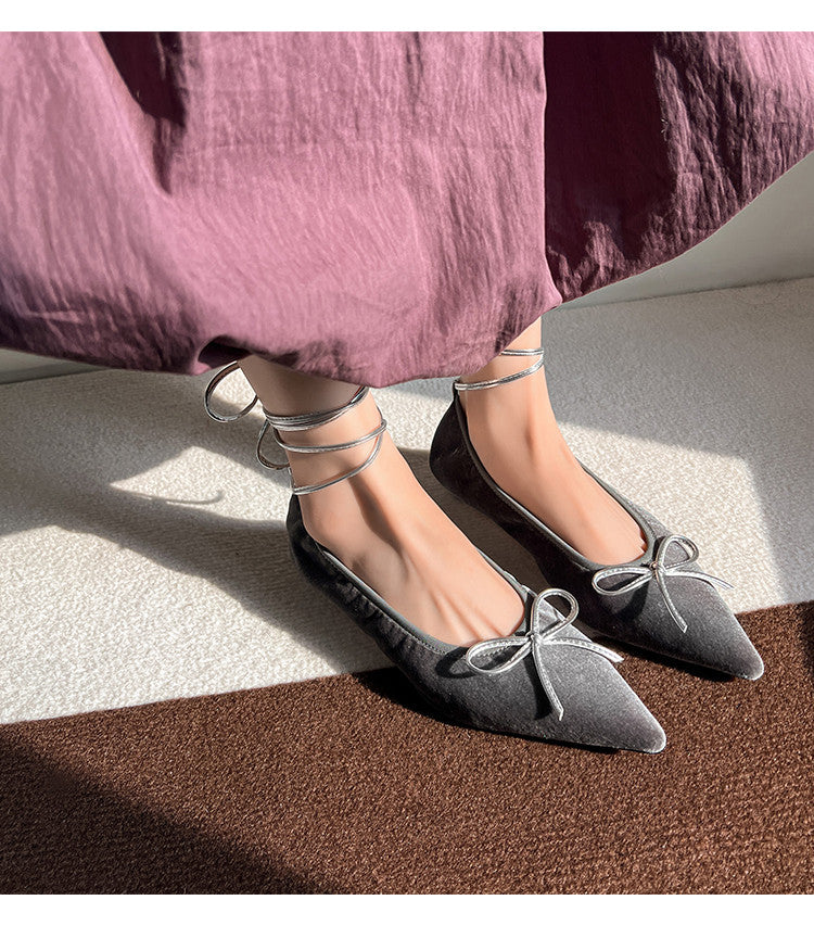 Karin Luna In Stock In Stock Retro Velvet Pointed Toe Bowknot Single Shoes