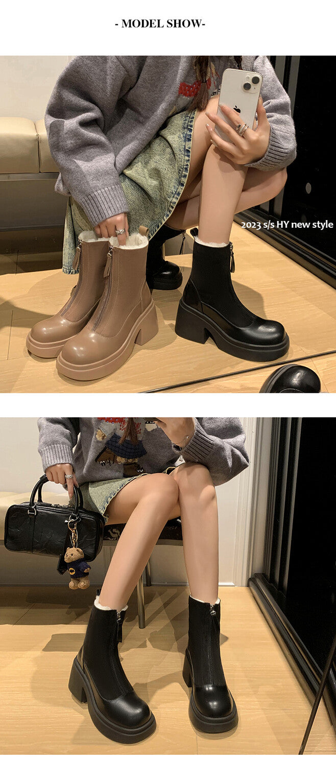 Karin Luna Basic Bestseller Timeless Thick Fur Lined Round Toe Thick Sole Cowhide Snow Boots