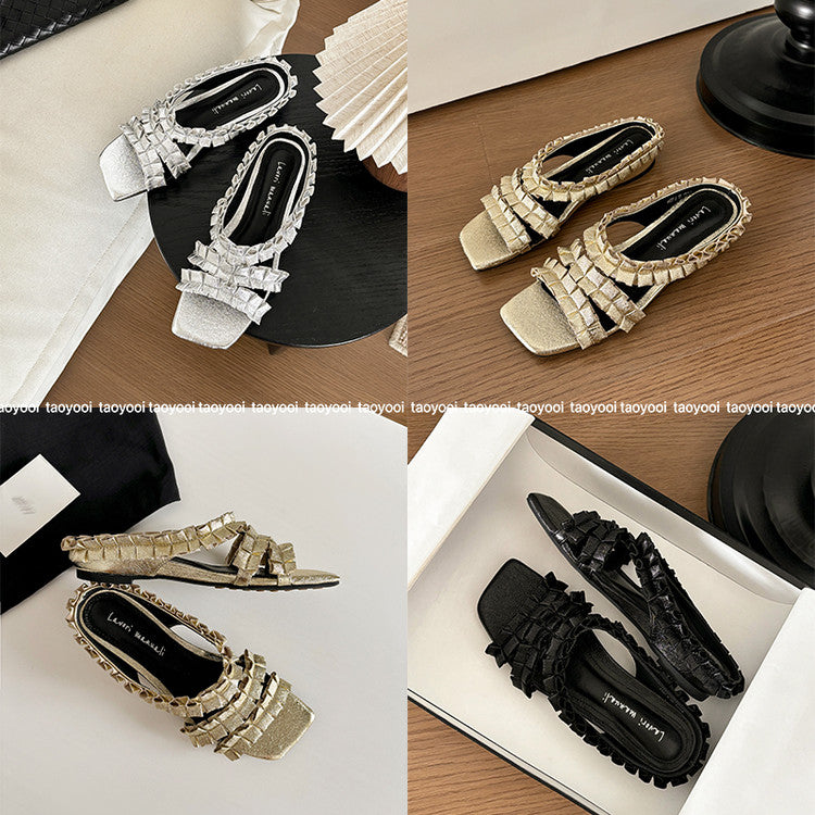 Karin Luna In Stock   Spot Goods  Niche Design Square-Toed Pleated Flat Slippers