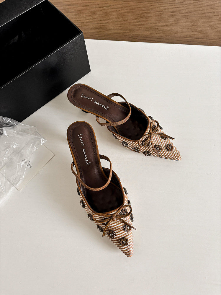 Karin Luna In Stock Spot Goods  Elegant Floral Pointed Toe Rhinestone Slippers
