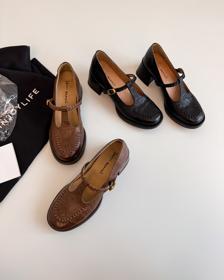 Karin Luna In Stock Spot Goods Vintage Braided Twist High Heels T Round Toe Thick Sole Single Shoes