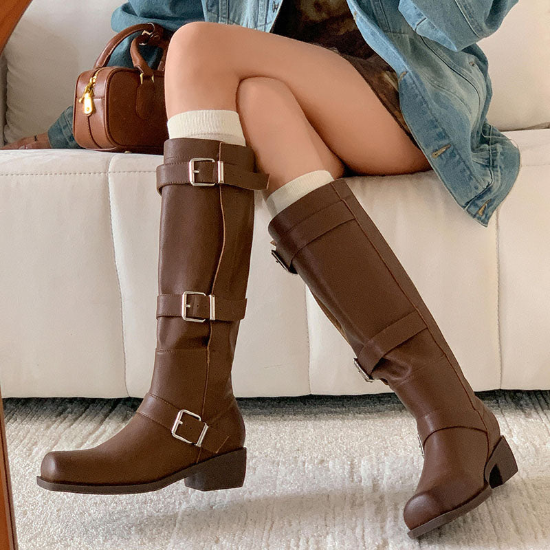 Karin Luna In Stock In Stock European and American Style Square Toe Thick Sole Belt Buckle Long Boots