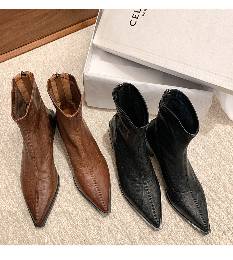 Karin Luna Elegant Style Pointed Toe Chunky Heel Short Boots