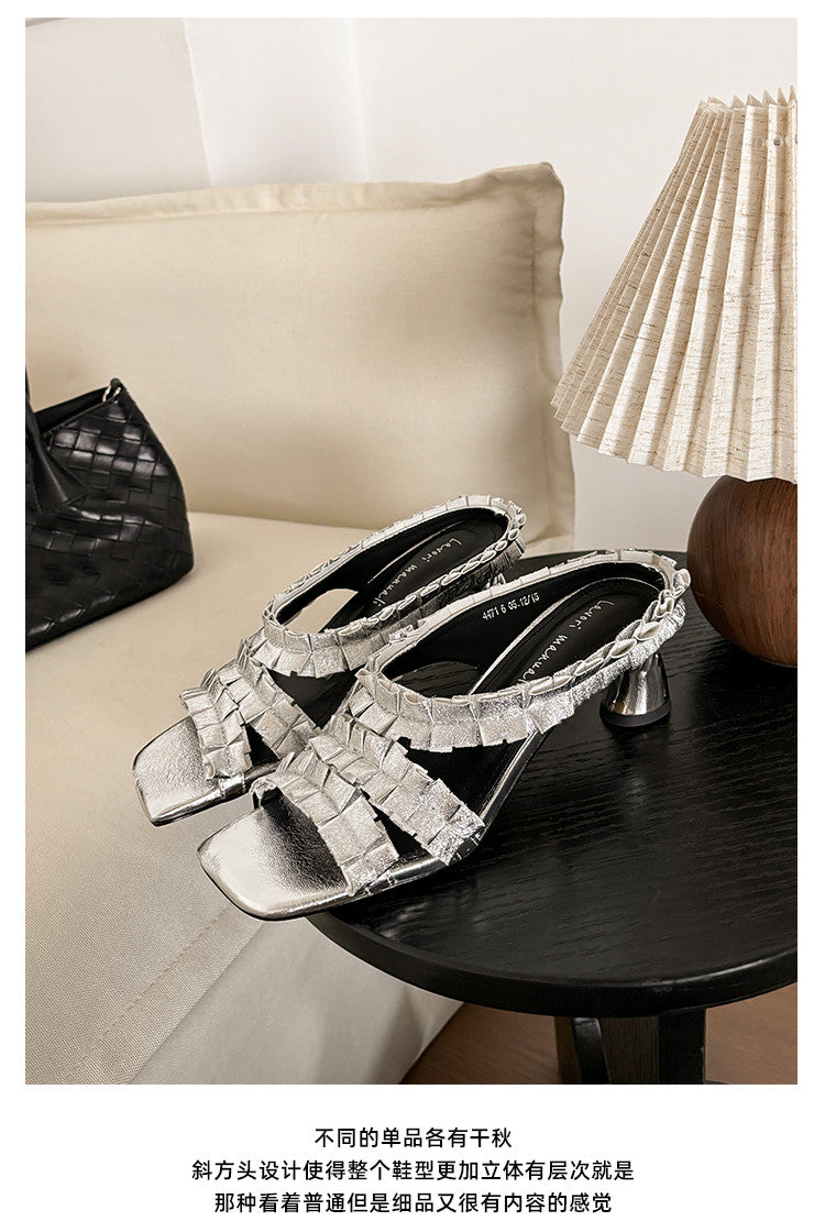 Karin Luna In Stock  Spot Goods  Unique Square-Toe Pleated Lace Sandals
