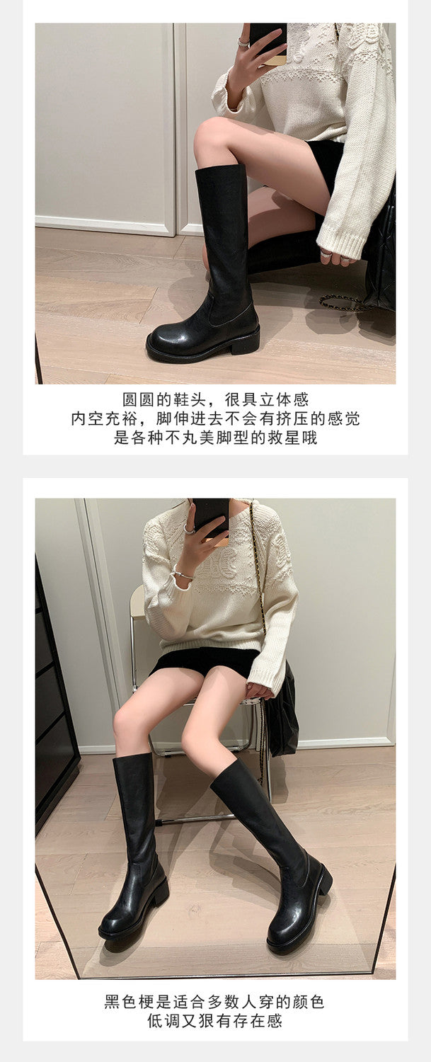 Karin Luna Basic Versatile Style Round Toe Chunky Heel Long Boots