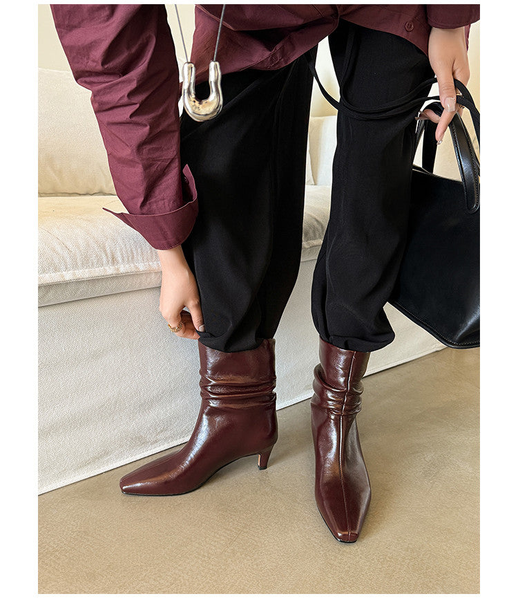 Karin Luna In Stock Spot Goods  Retro Wrinkled Small Square Toe Short Boots
