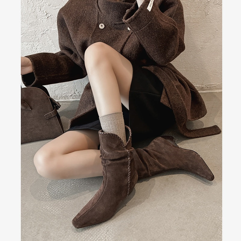 Karin Luna Small Square Toe Retro Ruched Pile Short Boots
