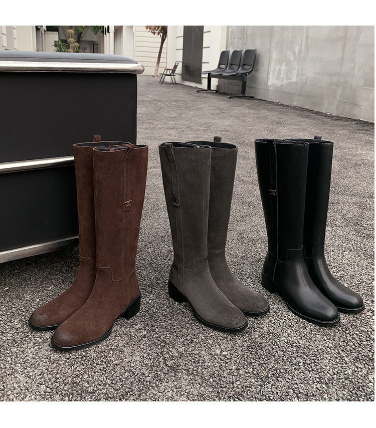 Karin Luna In Stock Spot Goods Basic Retro Square Toe Chunky Heel Riding Boots