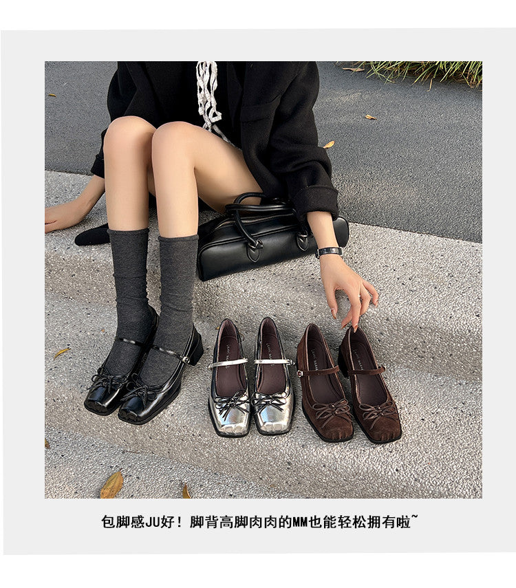 Karin Luna In Stock Spot Goods   One-strap Bowknot Square Toe Chunky Heel Mary Jane Shoes