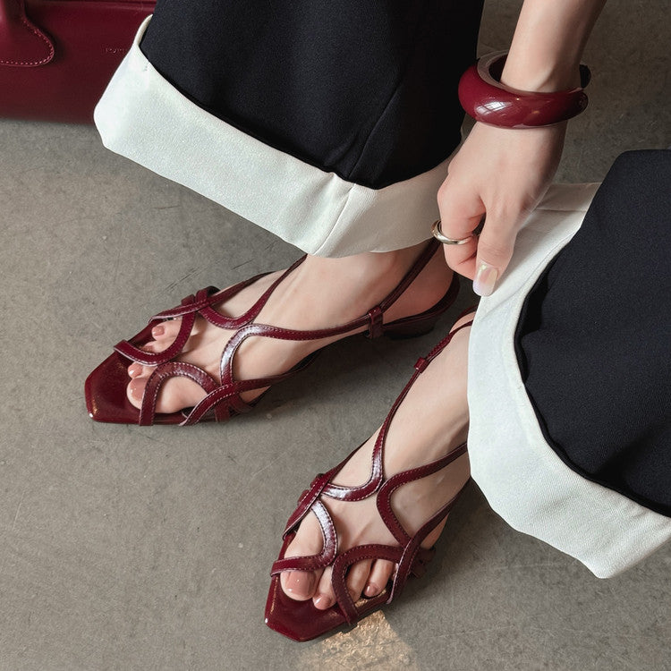 Karin Luna French Hollow Style Small Square Toe Chunky Heel Sandals