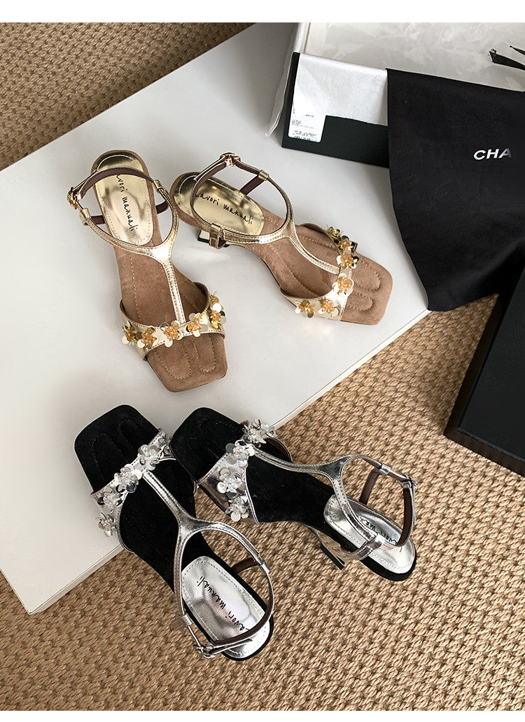 Karin Luna Hot-Selling Sequin Floral Series ~  Square Toe Irregular Heel Square Toe Sandals