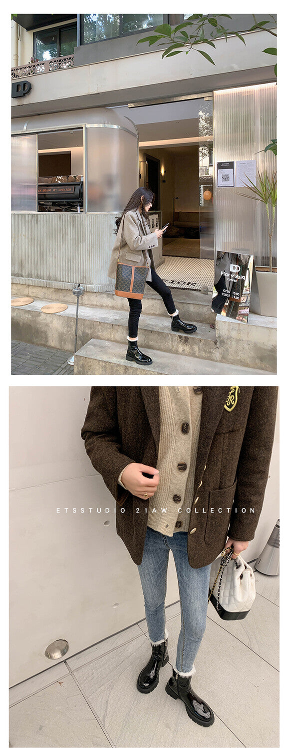 Karin Luna In Stock  Best-selling in stock Thickened Fleece Cow Patent Leather Hot-Selling Flat Short Boots
