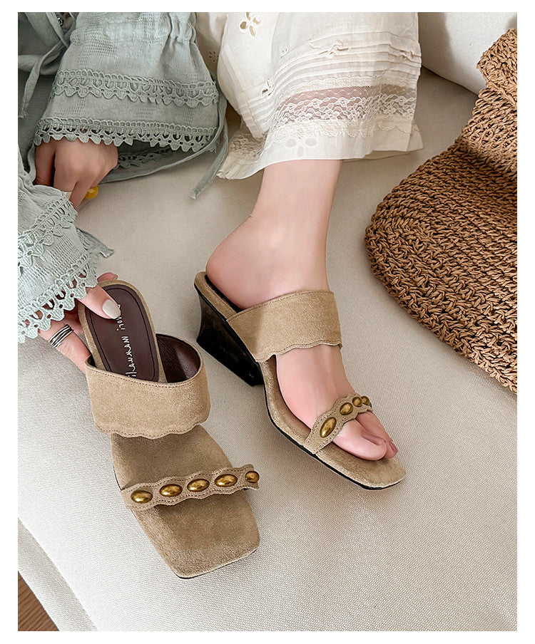 Karin Luna Hot-Selling Element Amber Heel~Spot Goods Spot Goods  Vacation Style One-Strap Amber Irregular Heel Slippers
