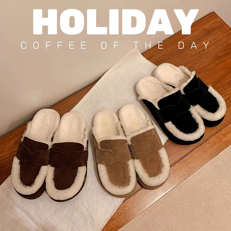 Karin Luna In Stock Look~This is such thick lamb wool Winter Atmosphere！Cowhide Leather Lamb Wool Round Toe Flat Sole Half Support！