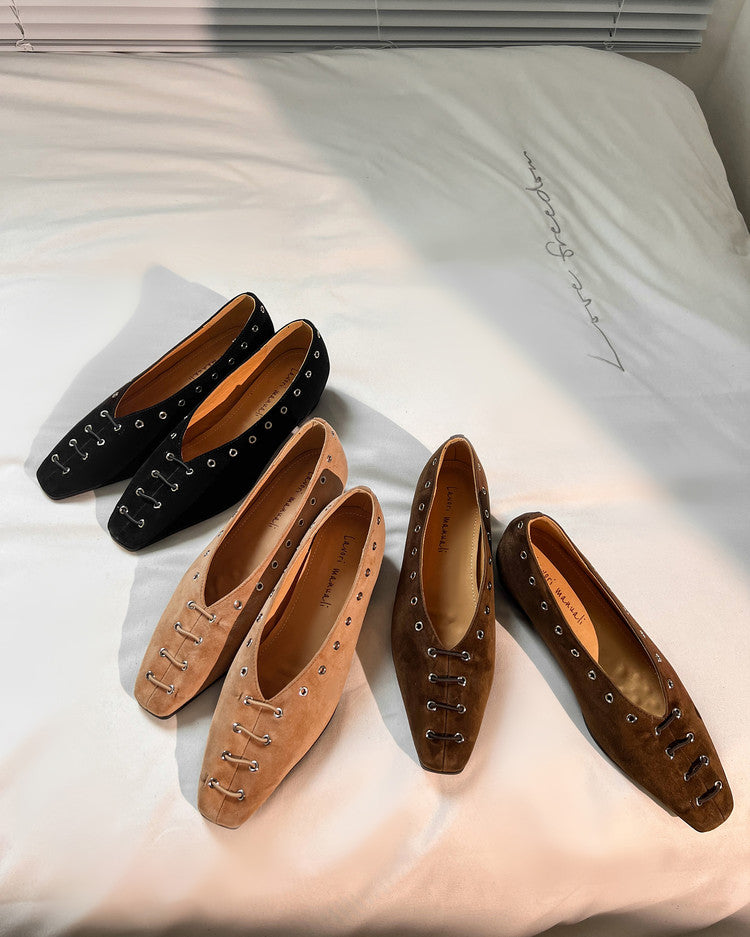 Karin Luna In Stock Spot Goods    Old Money Style Square Toe Suede Flats