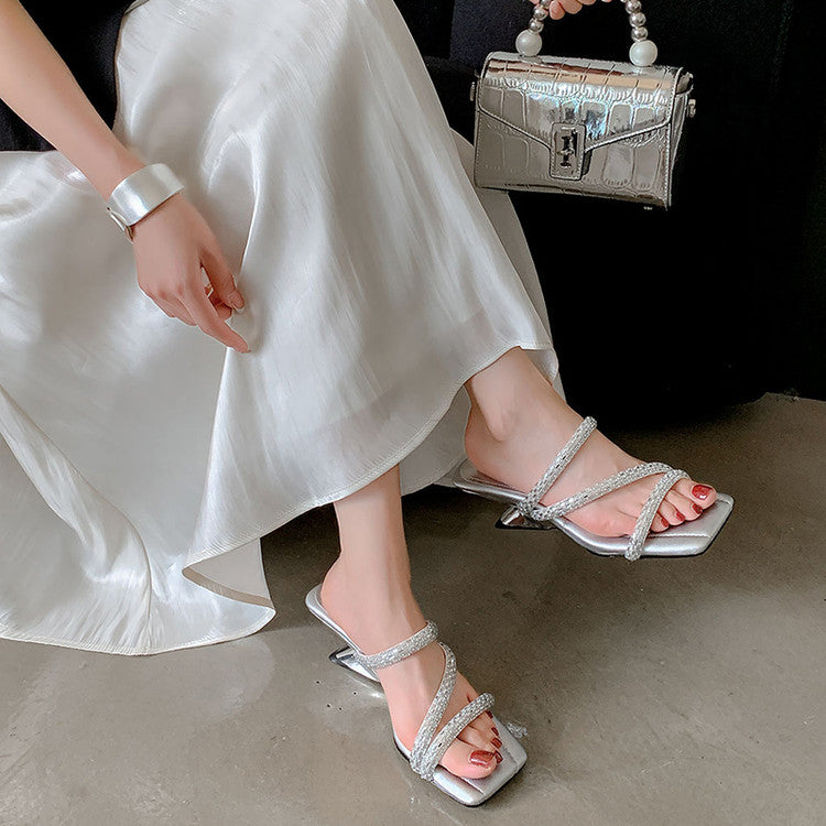 Karin Luna In Stock Spot Goods  Rhinestone One-Strap Irregular Heel Square-Toe Slippers