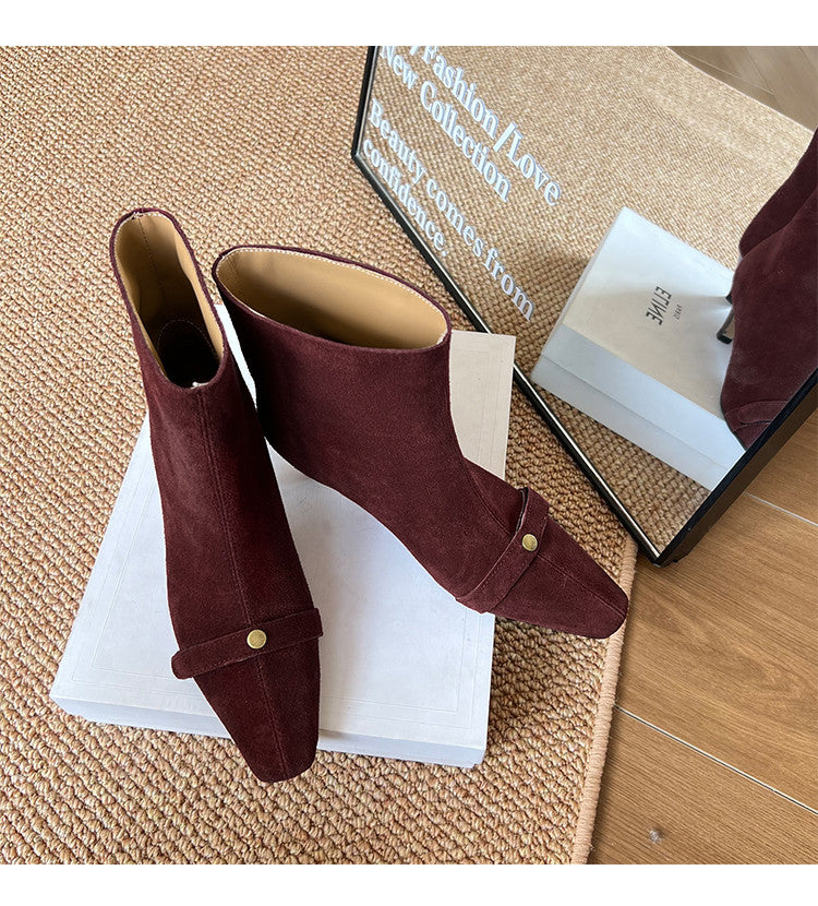 Karin Luna Elegant Style Small Square Toe Belt Buckle Thin Heel Short Boots