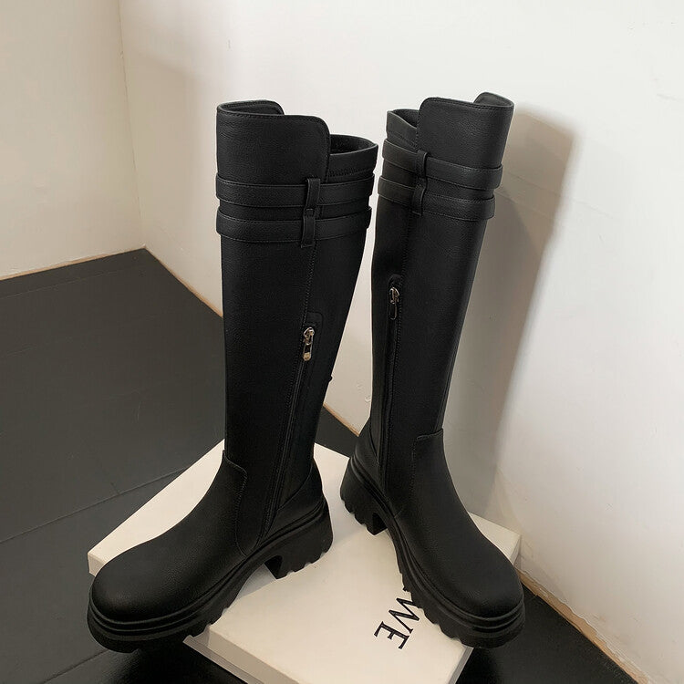 Karin Luna In Stock Best-selling in stock   Super Soft Sheepskin  Round Toe Thick Sole Vintage Belt Buckle Long Boots