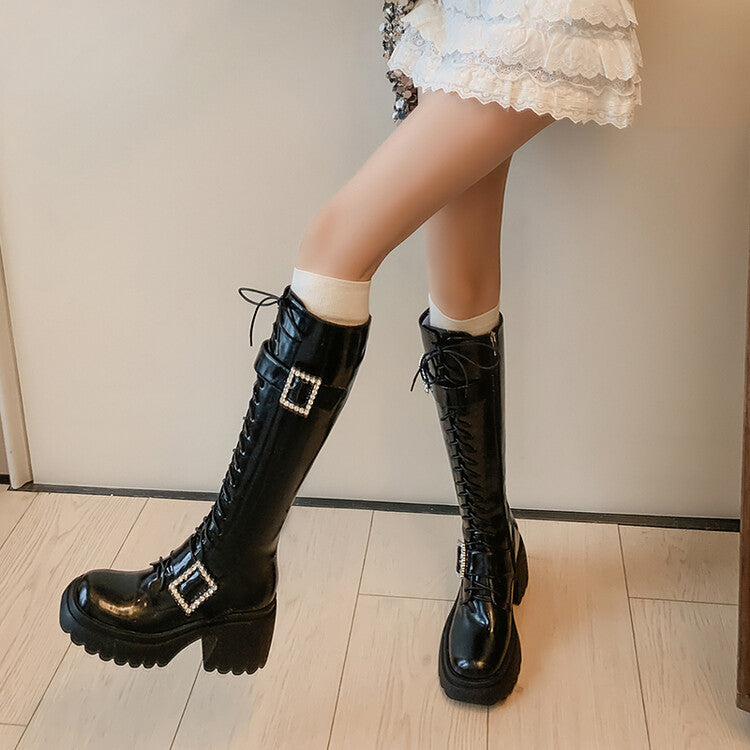 Karin Luna In Stock Spot Goods Bestselling Extended Version Rhinestone Square Buckle Thick Sole Lace-up Thick Sole Full Cowhide Knight Boots