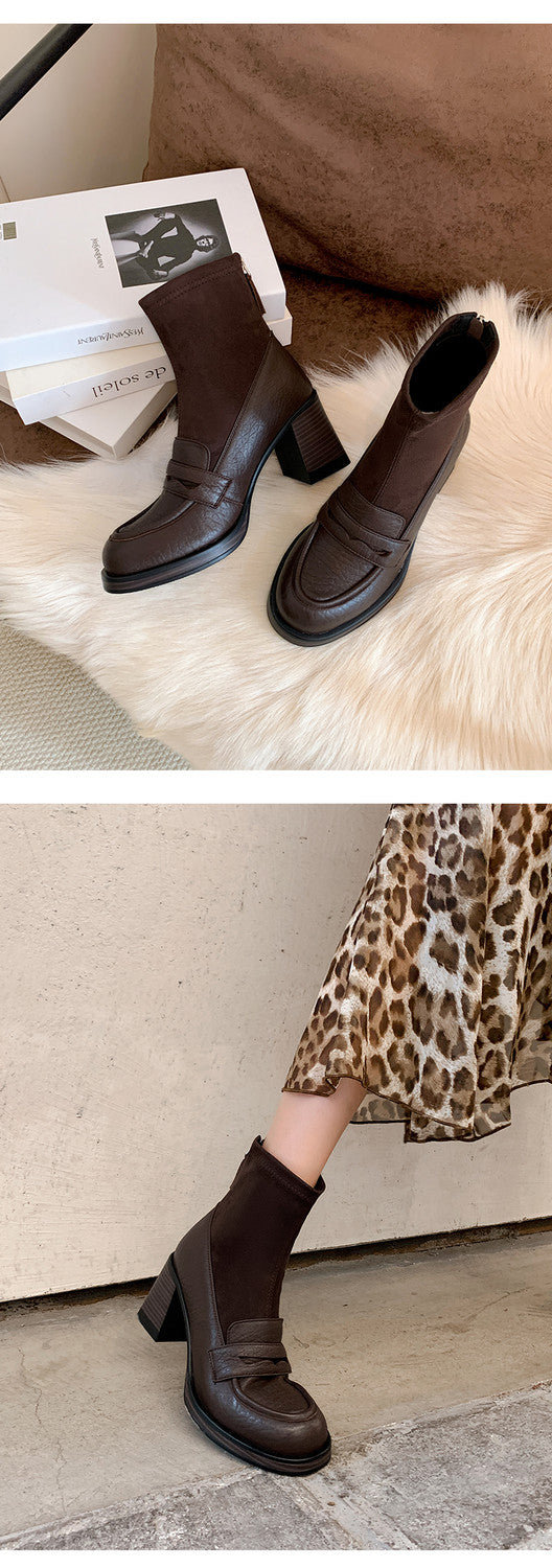 Karin Luna Hot-Selling Element Round Toe Elephant Pattern Elastic Thick Heel Short Boots