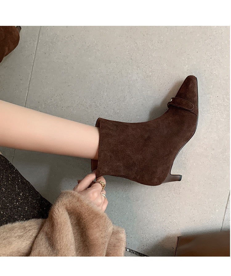 Karin Luna Elegant Style Small Square Toe Belt Buckle Thin Heel Short Boots
