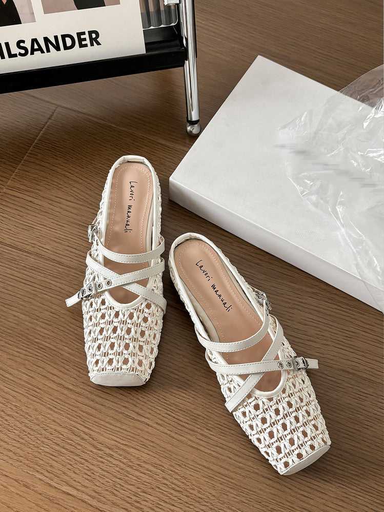 Karin Luna In Stock Spot Goods  Hot-Selling Square-Toe Woven Pig Nose Closed-Toe Slippers