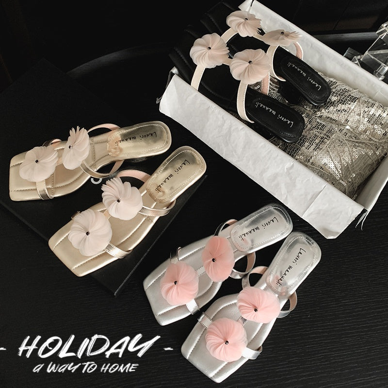 Karin Luna Hot-Selling Floral Square Toe Irregular Heel Floral Slippers