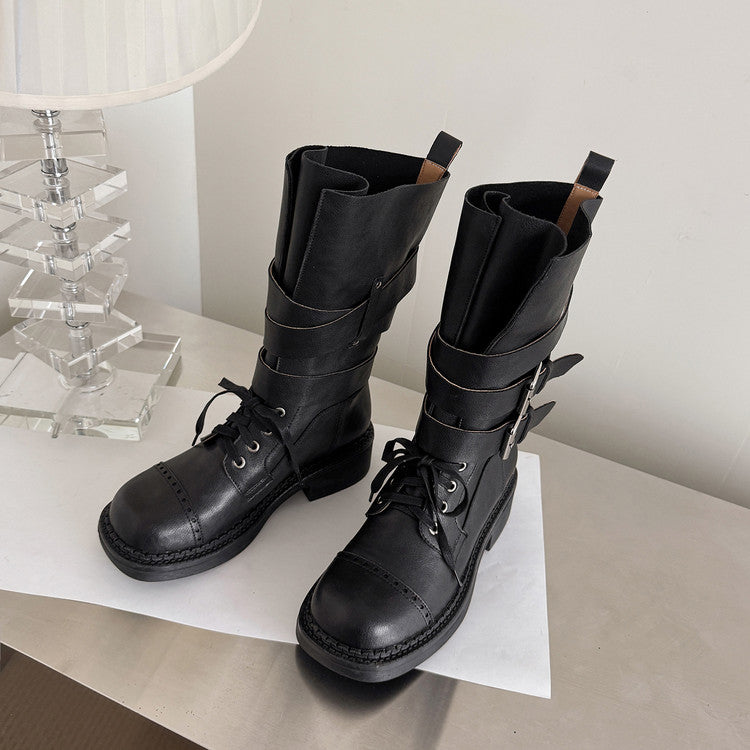 Karin Luna Bestseller Hot-Selling Large Tube Leather Belt Buckle Round Toe Thick-Soled Short Boots