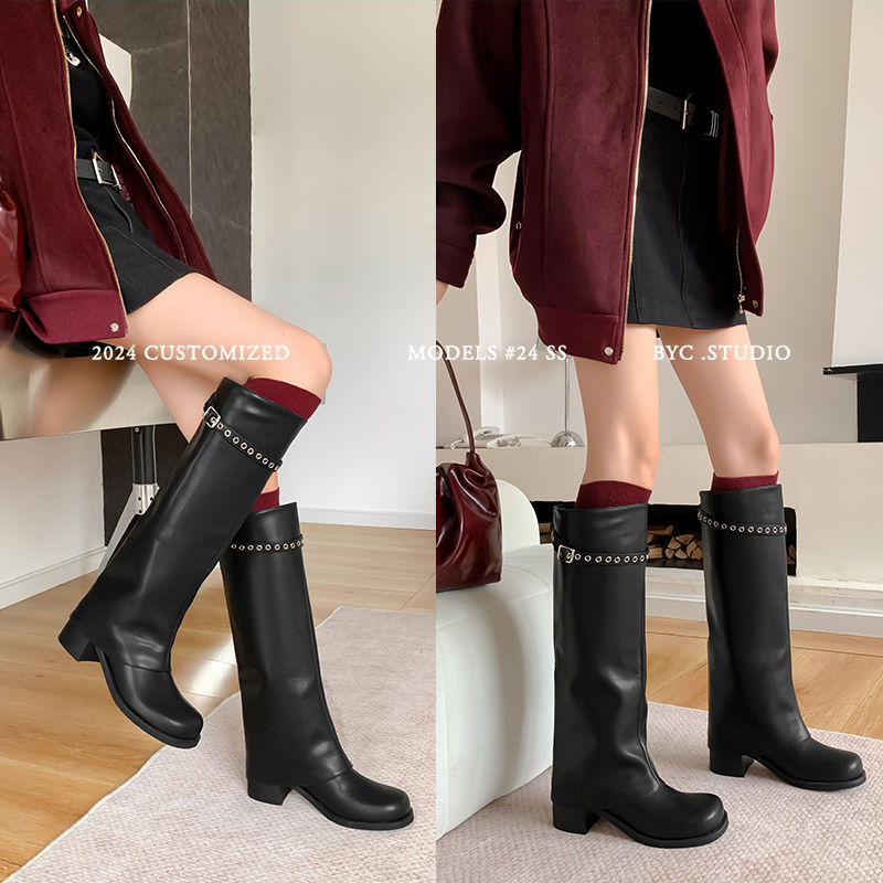 Karin Luna In Stock Spot Goods Belt Buckle Color-Washed Casual Thick-Soled Bootcut Pants Boots
