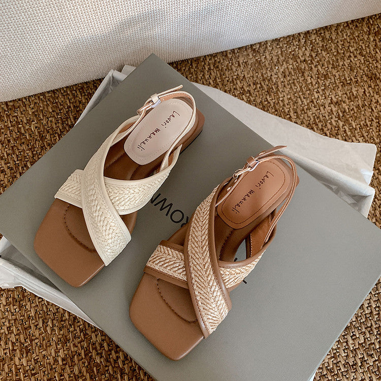 Karin Luna In Stock  Spot Goods Woven Style  Cross-strap Vacation Style Flat Sandals