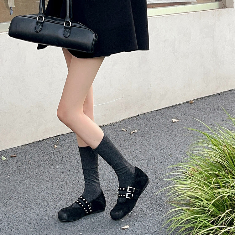 Karin Luna Hot Item Hot Item Punk Style One-Strap Round-Toe Suede Leather Height-Increasing Flats