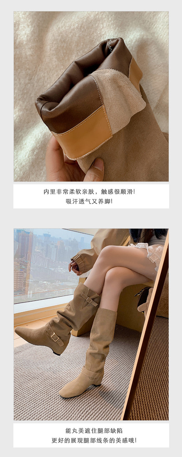 Karin Luna Data Model Belt Buckle Matte Square Toe Hidden Wedge Slouch Western Boots
