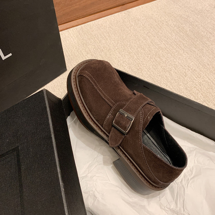 Karin Luna In Stock Spot Goods Metal Round Toe Cow Leather Thick Sole Flats