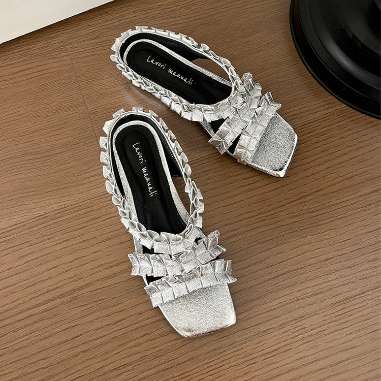 Karin Luna In Stock   Spot Goods  Niche Design Square-Toed Pleated Flat Slippers