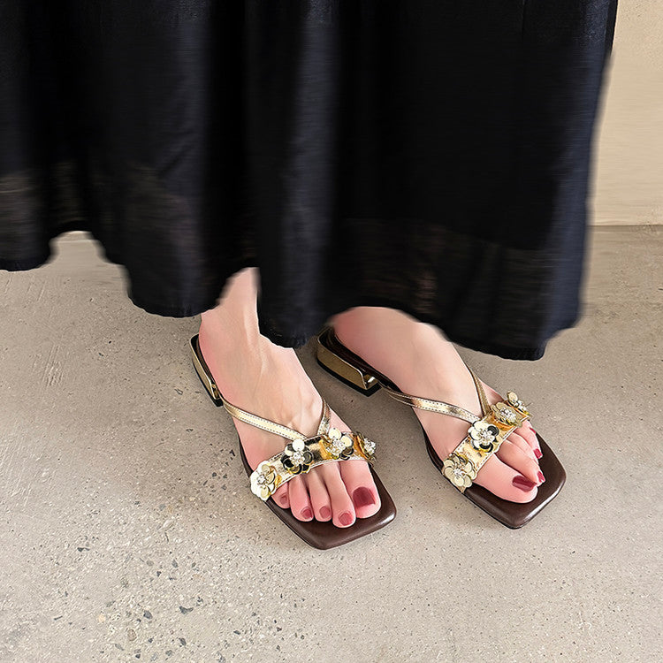 Karin Luna In Stock Spot Goods  One-Strap Sequin Floral Square-Toe Flat Slippers