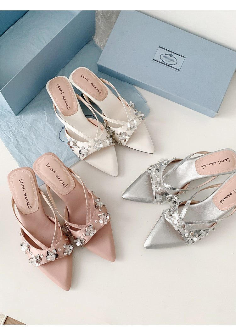 Karin Luna Bestseller Sequin Elements Elegant Pointed Toe Irregular Heel Slippers
