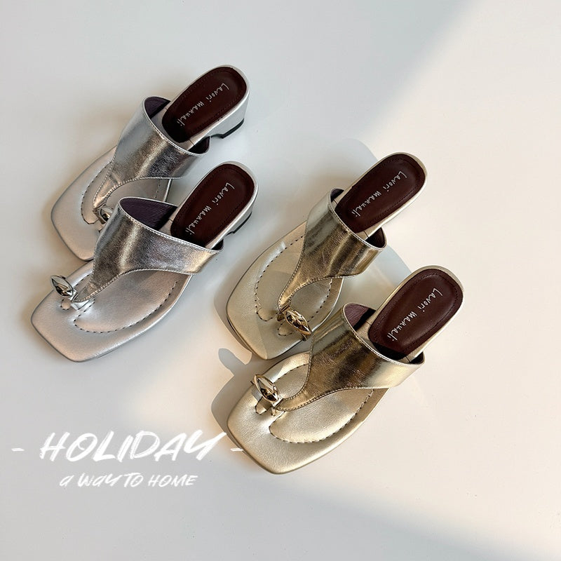 Karin Luna In Stock Spot Goods Clip-toe Square Toe Metal Buckle Minimalist Slippers
