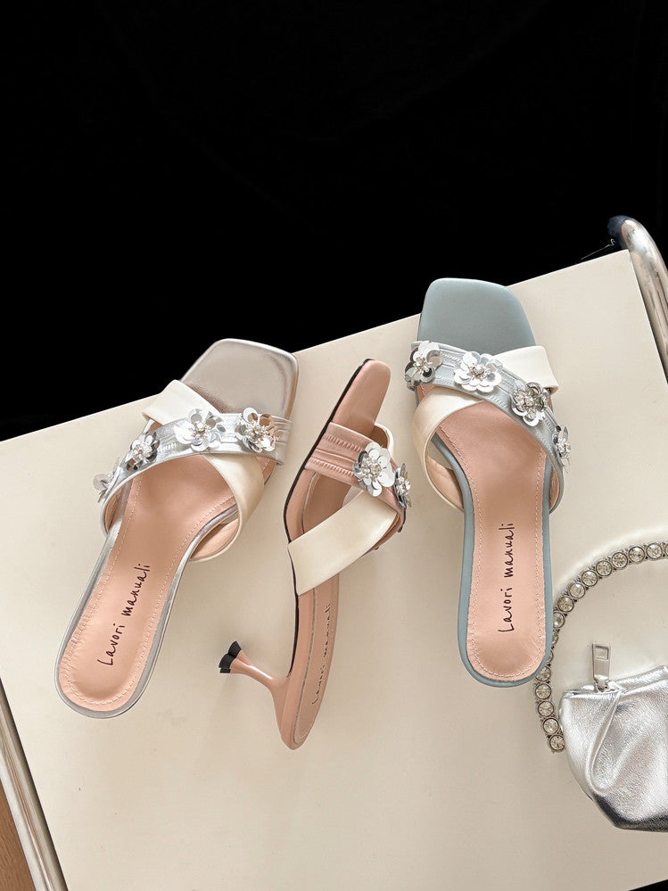 Karin Luna In Stock Spot Goods  Sequin Floral Cross Strap Square Toe Stiletto Slippers