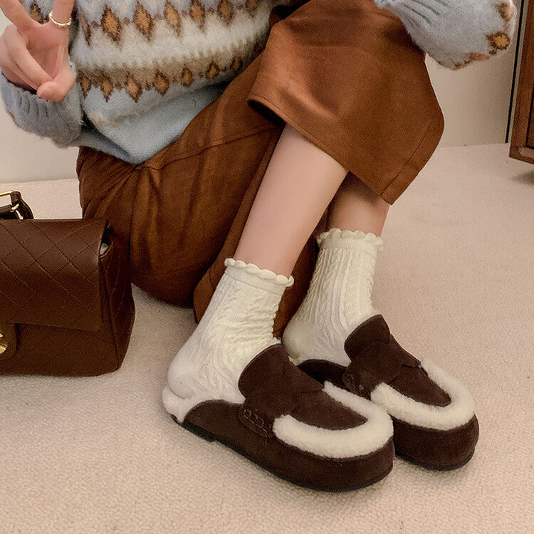 Karin Luna In Stock Look~This is such thick lamb wool Winter Atmosphere！Cowhide Leather Lamb Wool Round Toe Flat Sole Half Support！