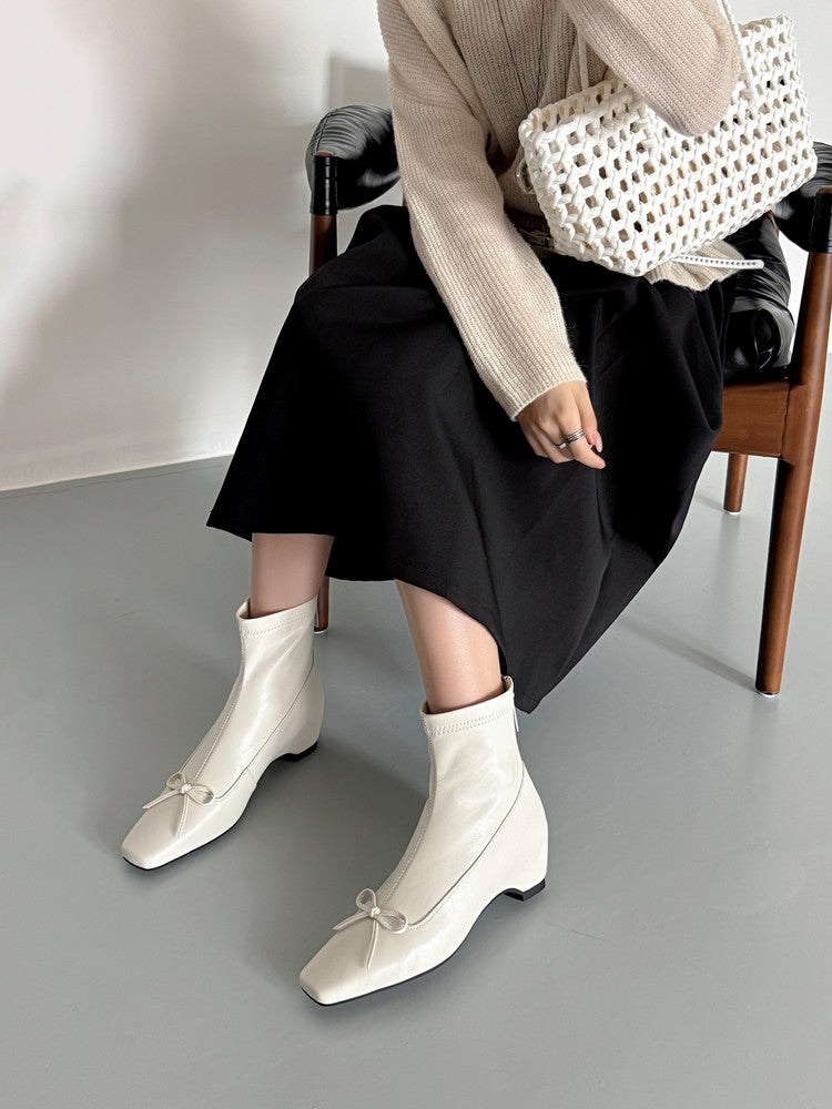 Karin Luna French Style Square Toe Bowknot Hidden Wedge Slim Boots