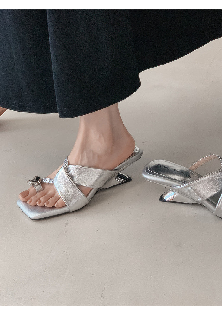 Karin Luna Braided Style ~Cross Strap Square Toe Irregular Heel Slippers